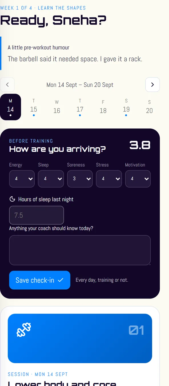 The daily check-in card with sleep hours