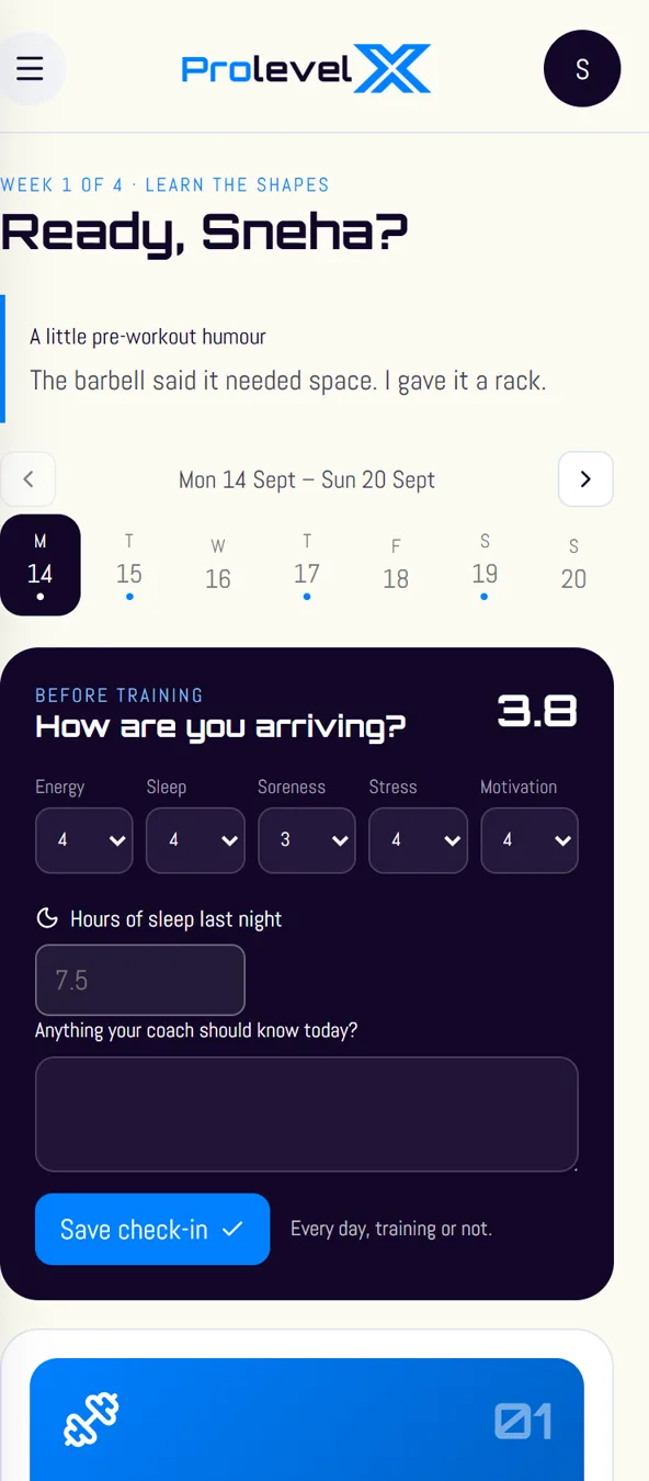 The ProLevelX app home screen for the week, with a daily check-in