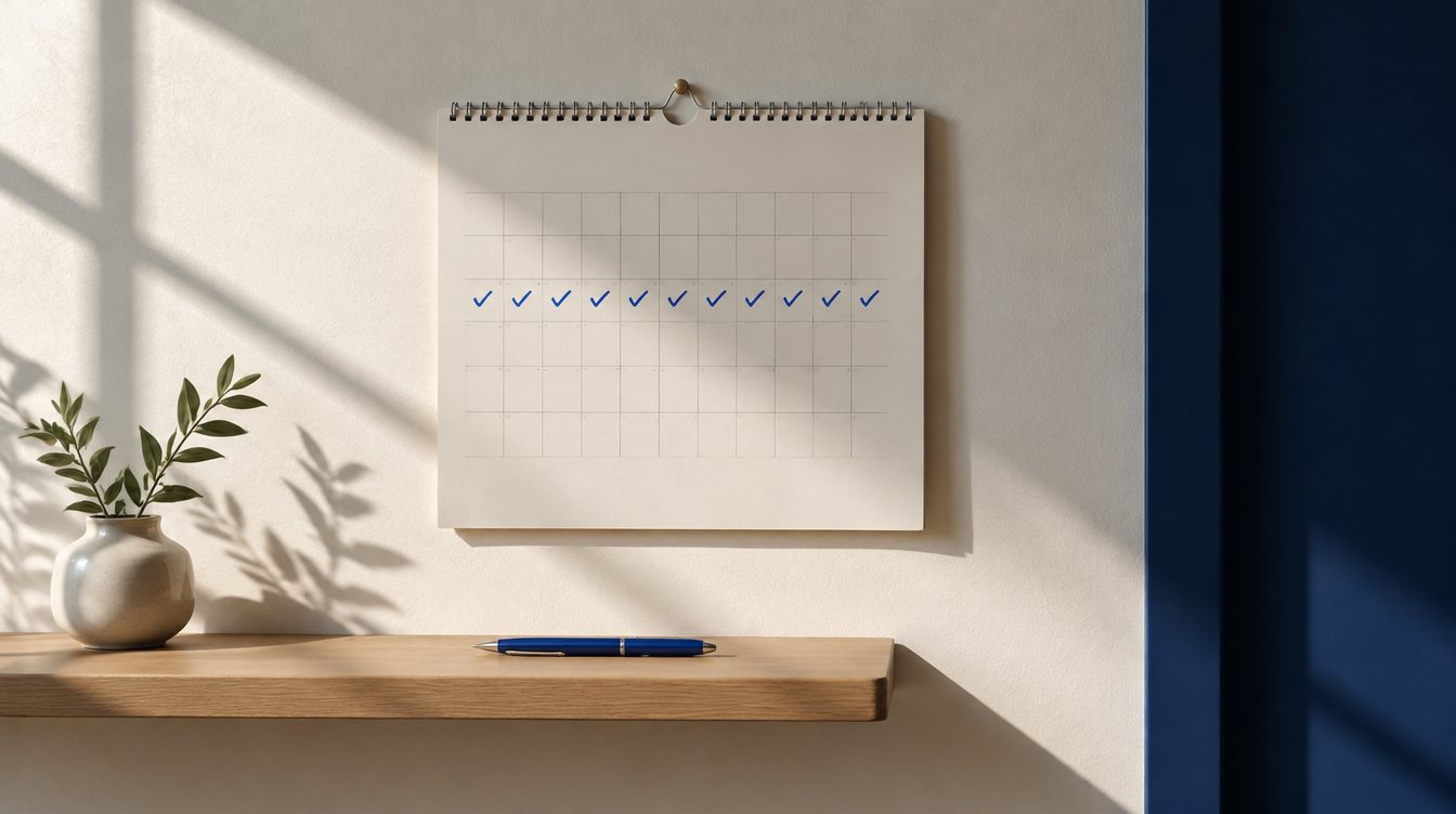 A wall calendar with a run of blue ticks across the days