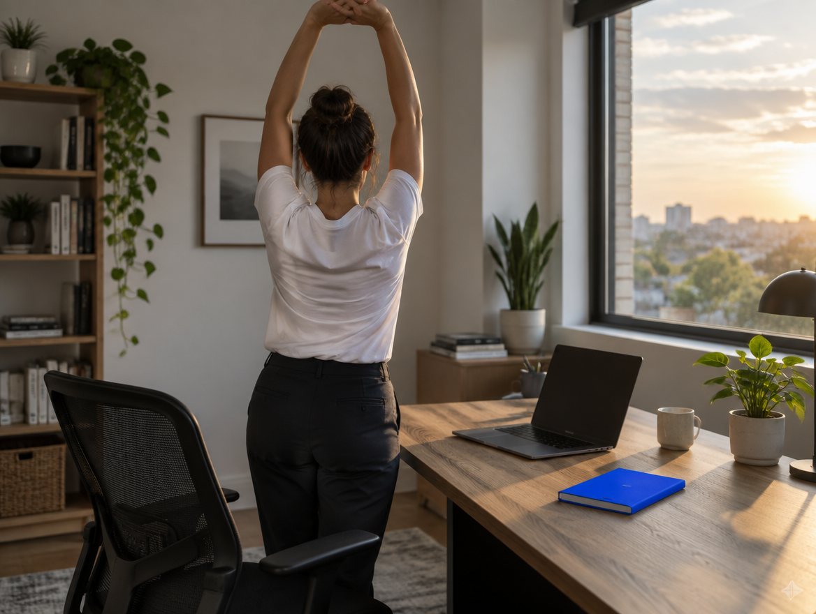 Someone standing up from a desk and stretching their arms overhead