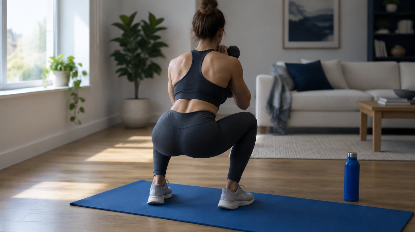 A living room set up for a home workout, a person mid-squat with a dumbbell, seen from behind