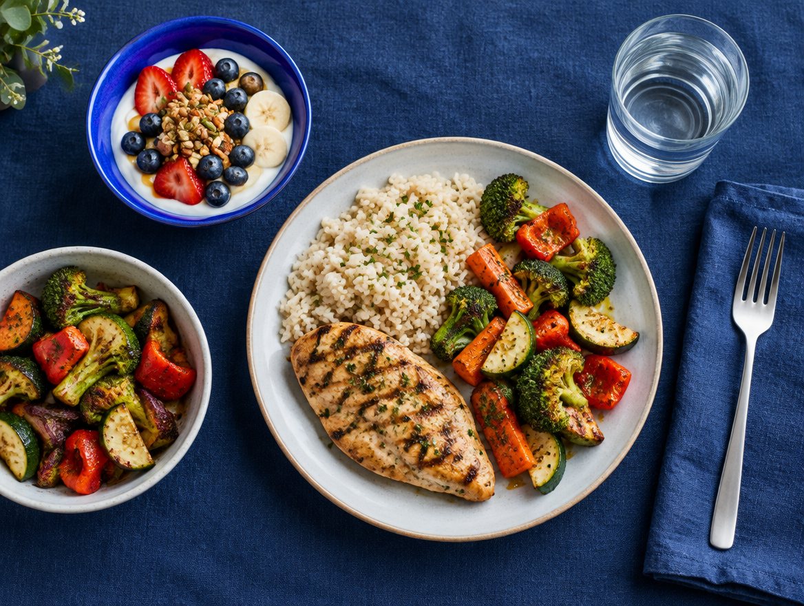 A simple balanced meal laid out on a navy tablecloth