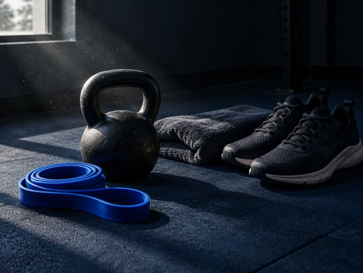 A kettlebell, resistance band and trainers on a gym floor